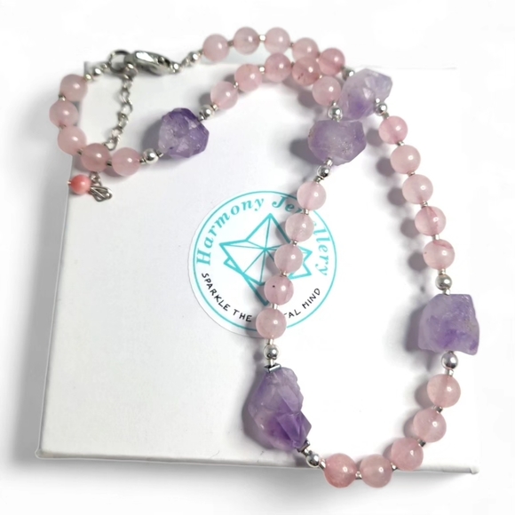 6 mm Rose Quartz and Raw Amethyst choker - Picture 2 of 2